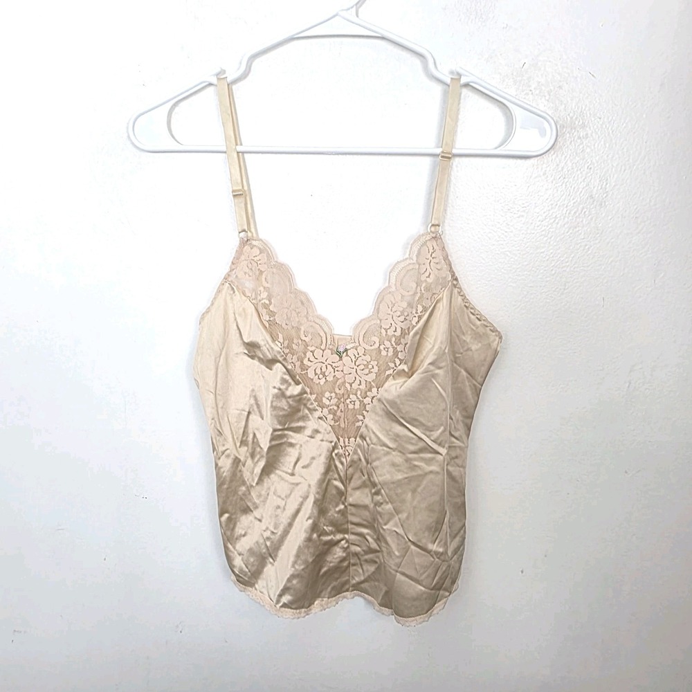VTG Maidenform Tan Satin Lace Coquette Cute Y2K 90's Delicate Tank Top Size S
